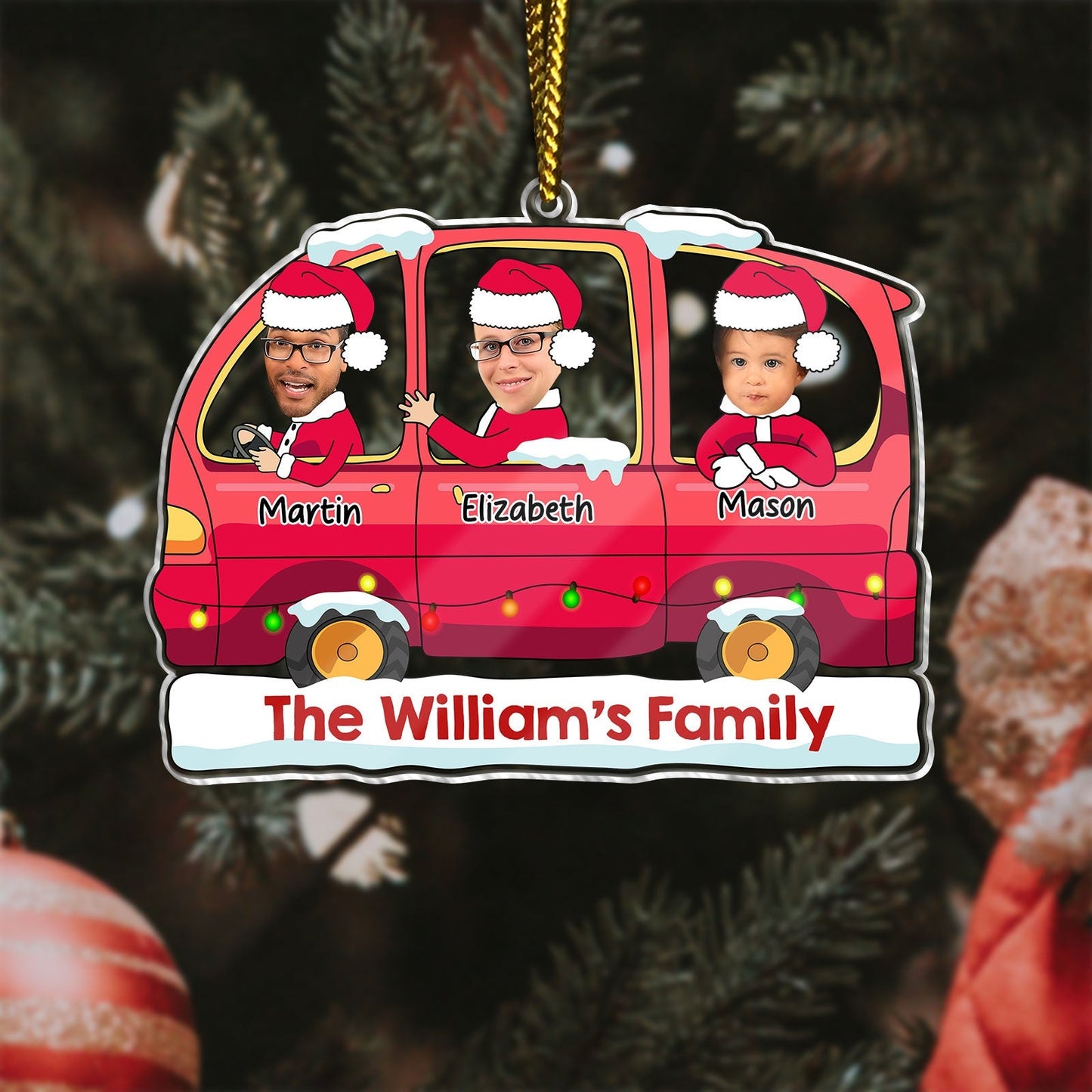 365Gifty personalized first Christmas ornament featuring a red car with family faces and names Martin Elizabeth Mason