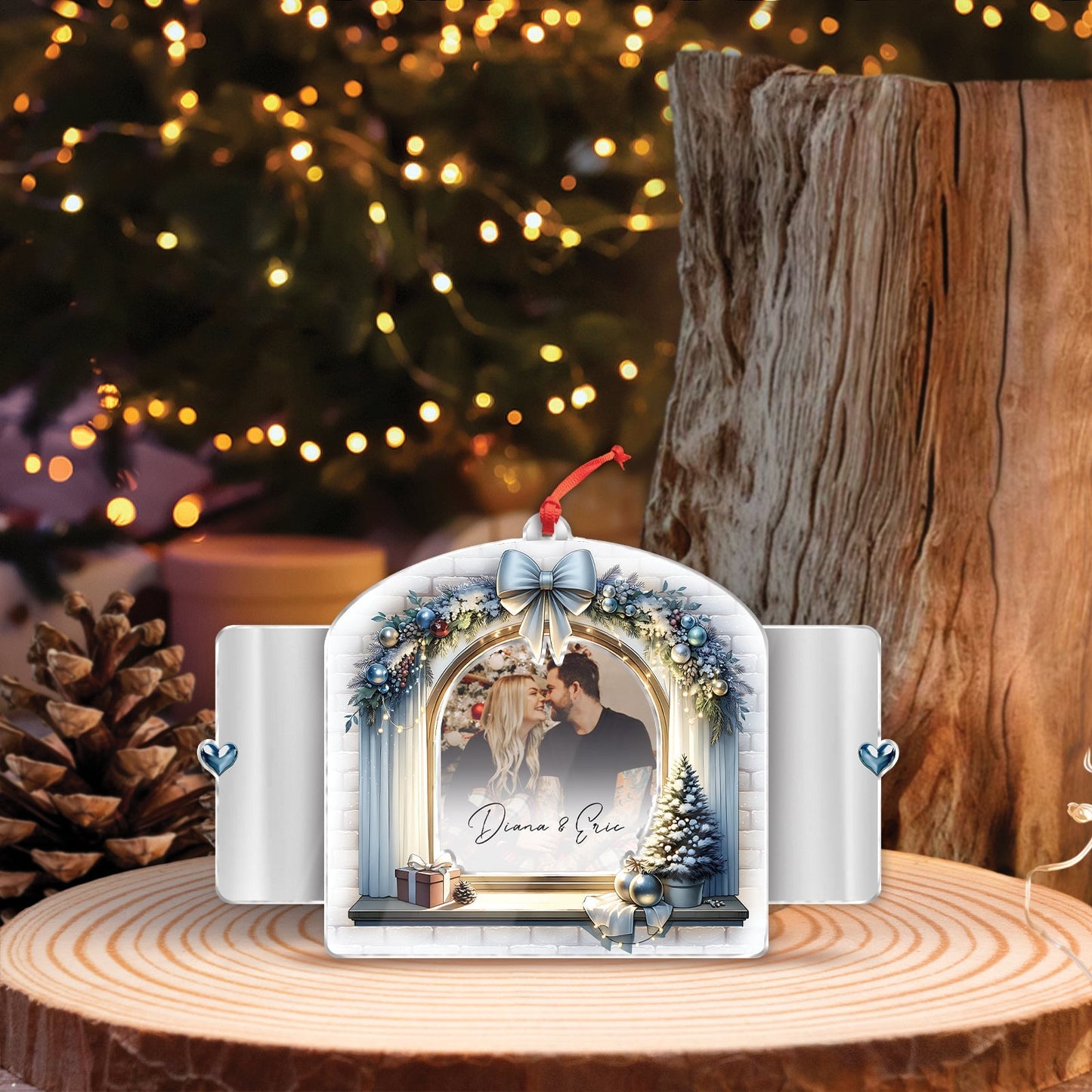 Personalized first Christmas ornament for couples with photo frame and festive decorations