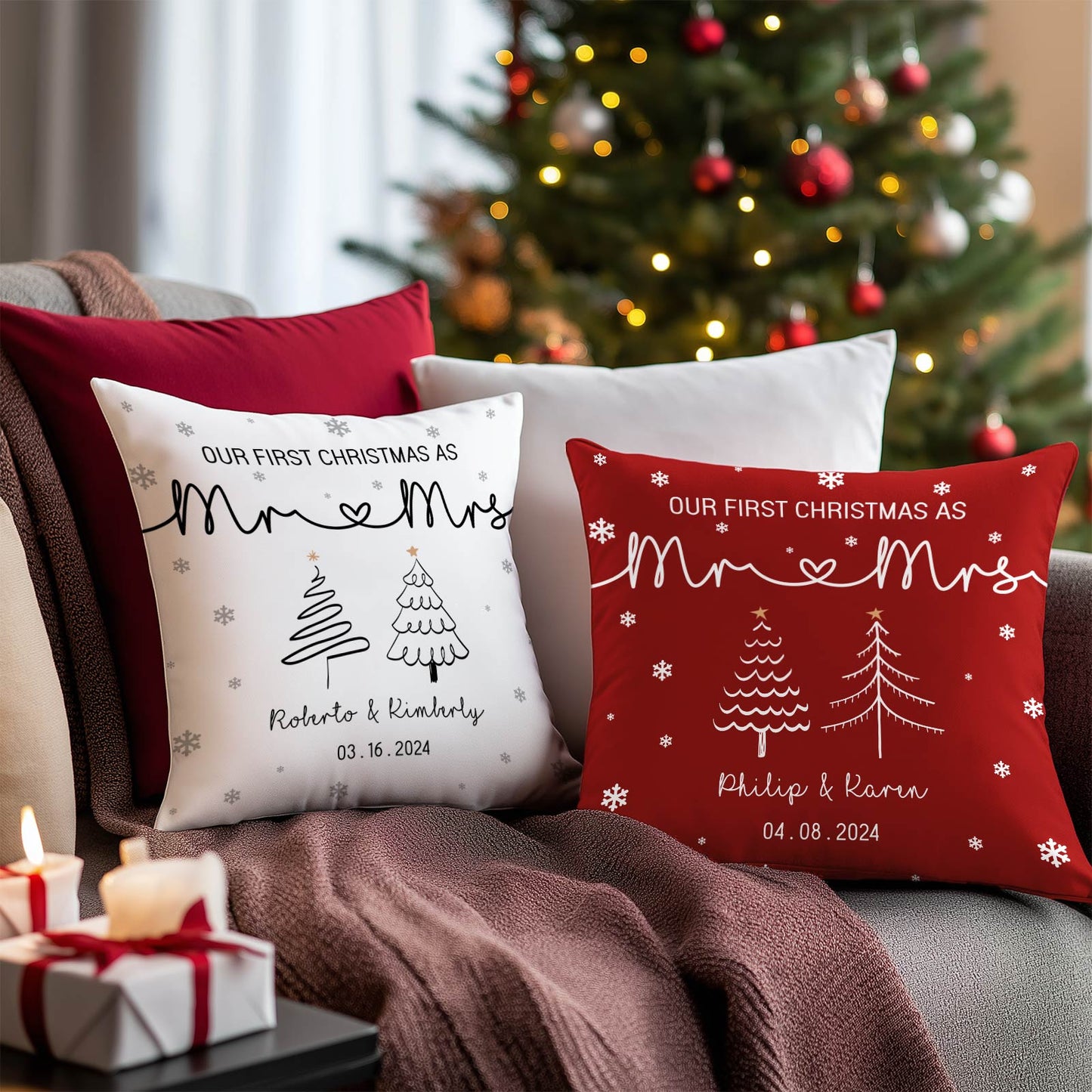 Personalized first Christmas pillow set with Mr and Mrs design in white and red on couch near Christmas tree