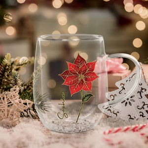 Personalized flower glass mug featuring a red poinsettia and elegant script for custom gifting