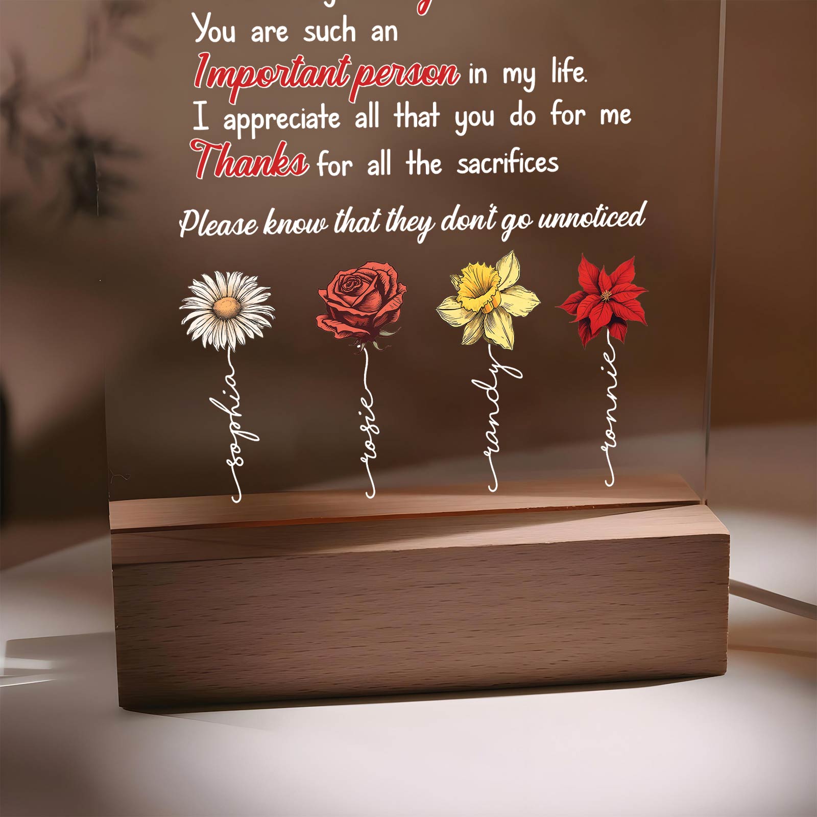 Personalized flower LED light for mom featuring heartfelt messages and beautiful flower designs