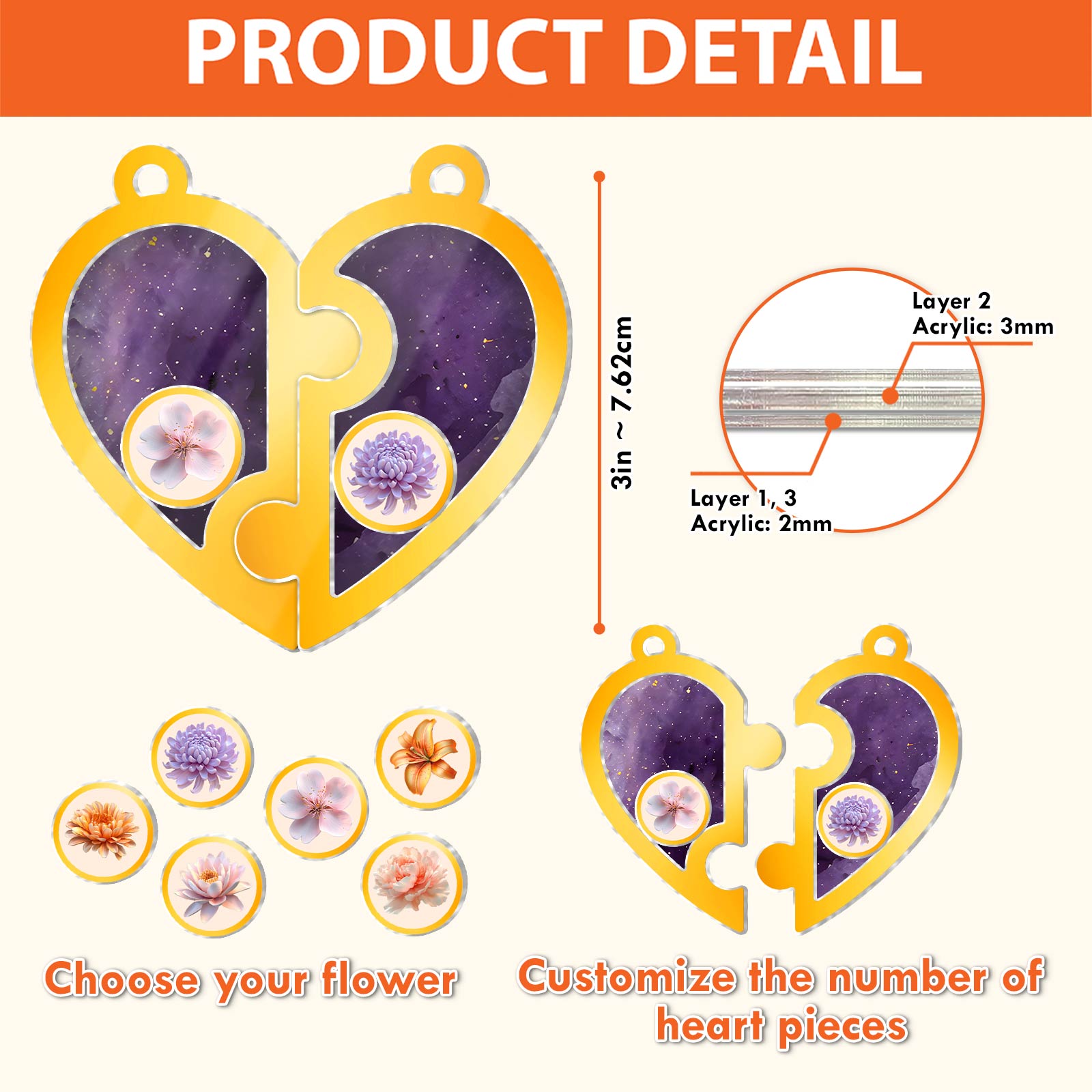 Personalized friendship keychain featuring customizable heart pieces and flower designs for a unique gift