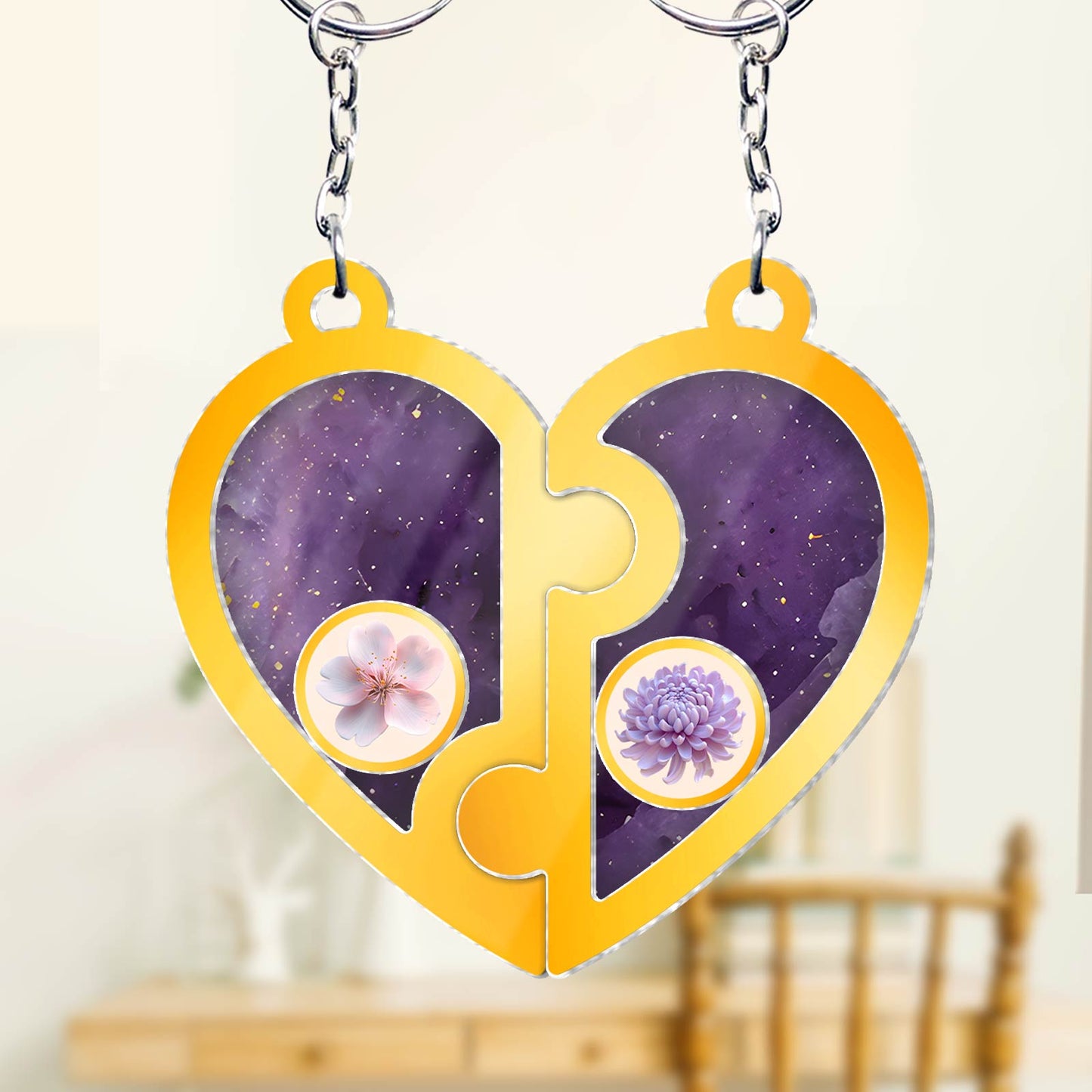 Personalized friendship keychain with purple heart design and floral accents for best friends