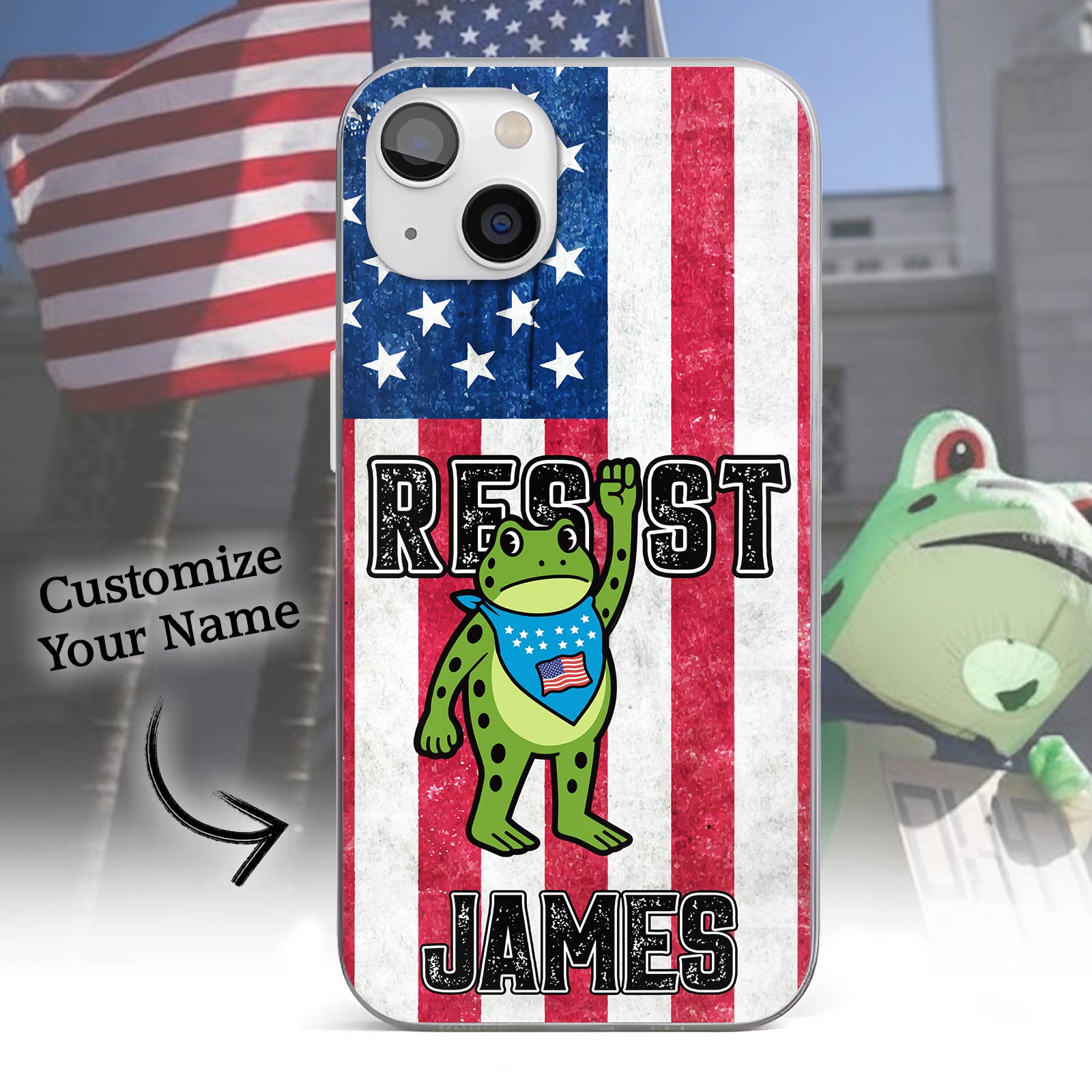 Personalized frog phone case featuring a green frog with an American flag background and customizable name