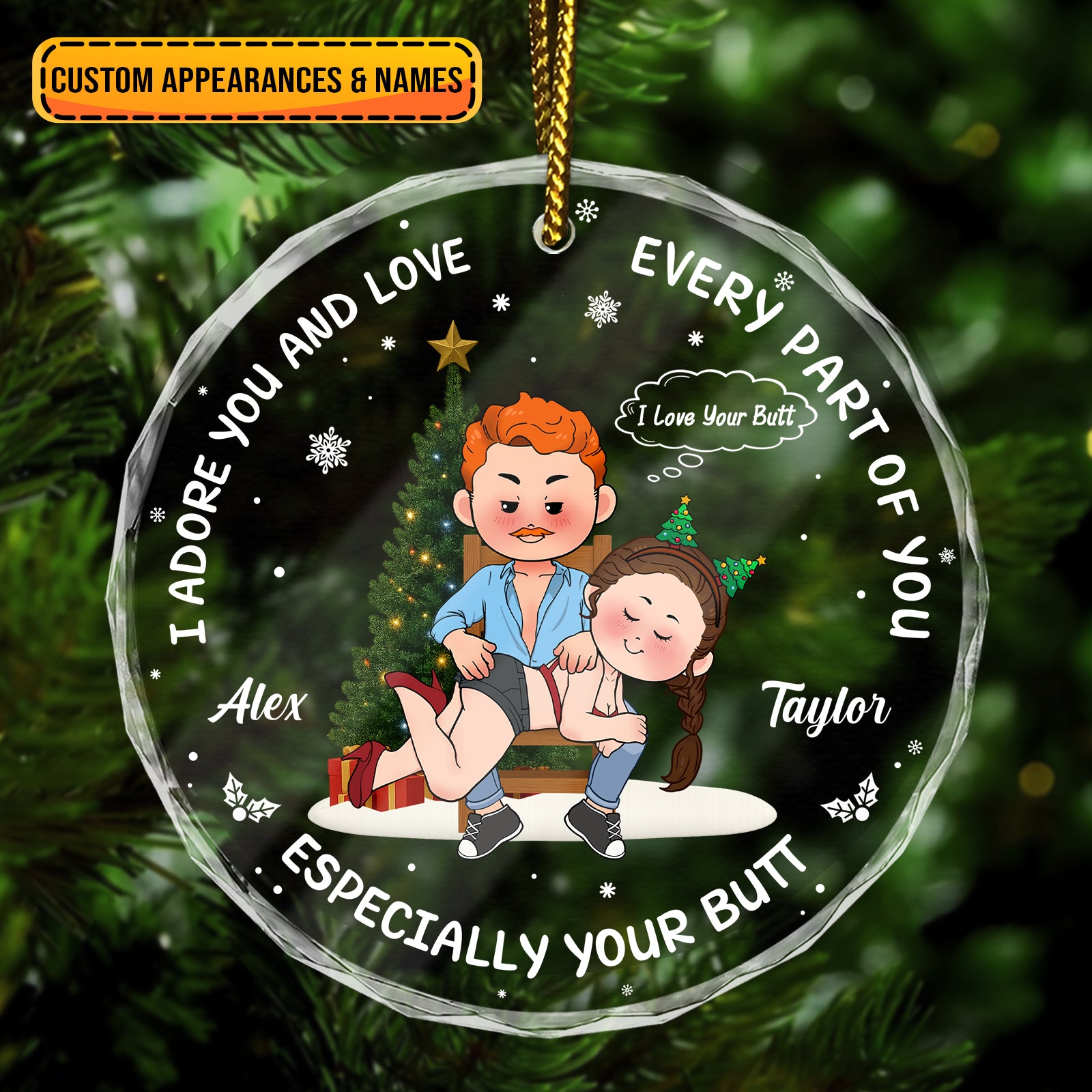 Personalized funny Christmas ornament for couples with custom names and playful design