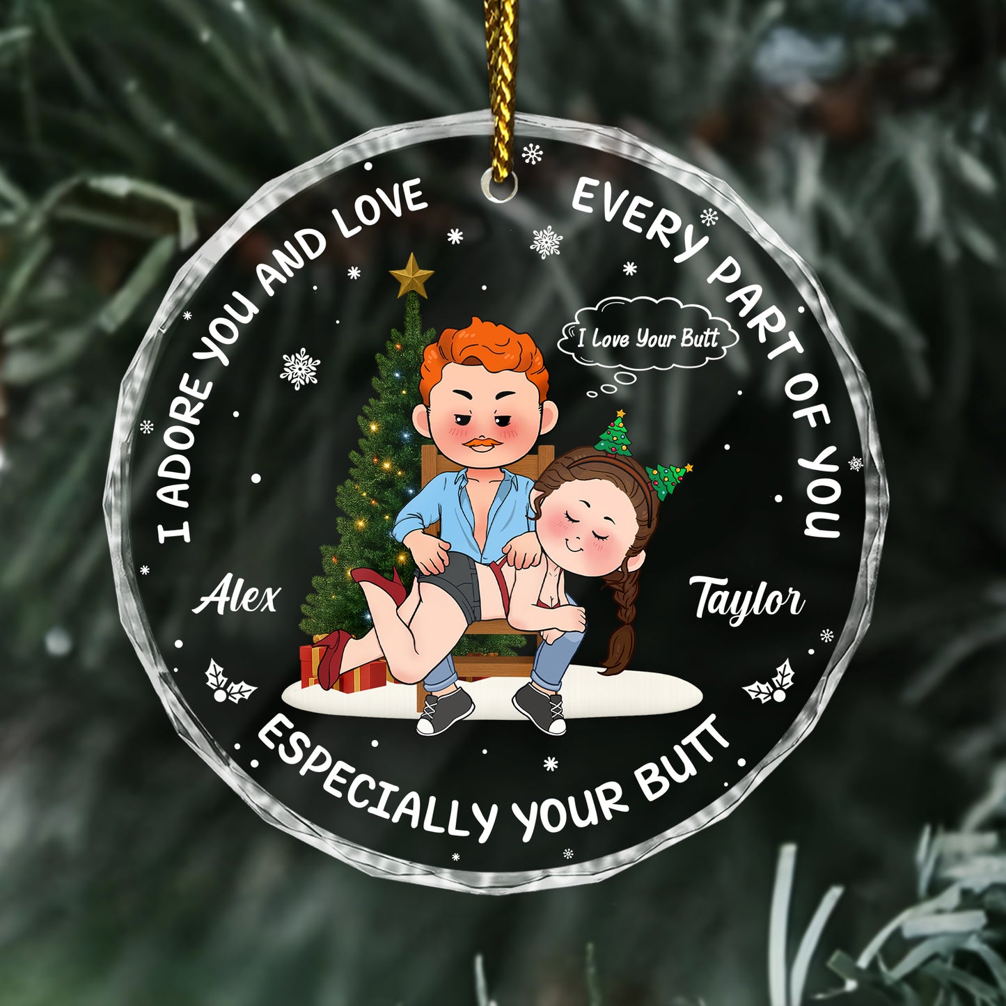 Personalized funny Christmas ornament for couples featuring a cartoon pair with playful text and holiday design