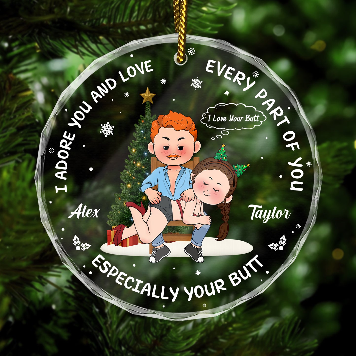 Personalized funny Christmas ornament for couples with cartoon characters and playful text