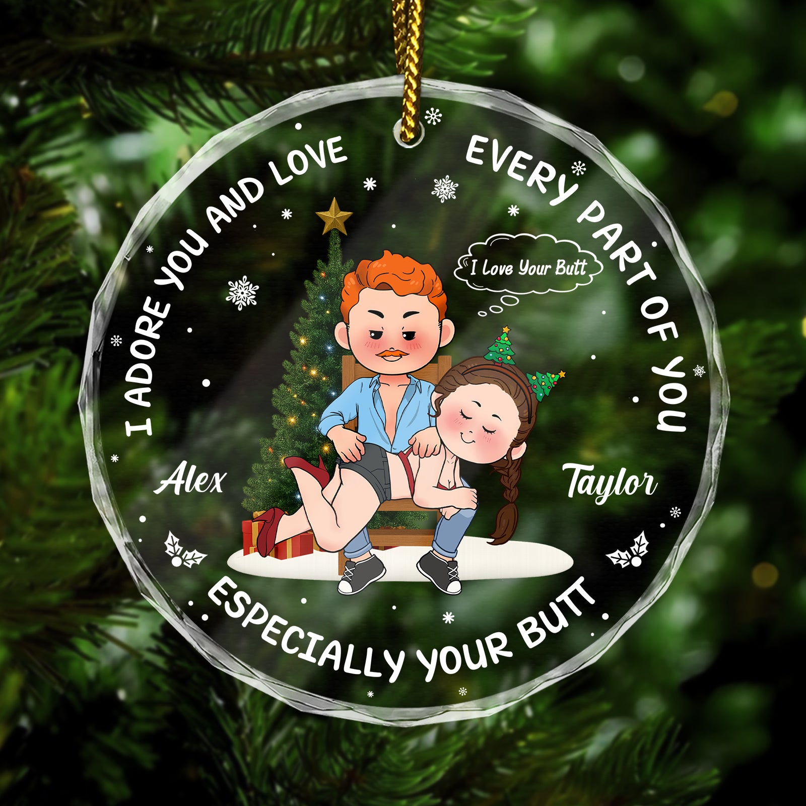 Personalized funny Christmas ornament for couples with cartoon characters and playful text