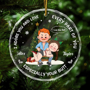 Personalized funny Christmas ornament for couples with cartoon characters and playful text