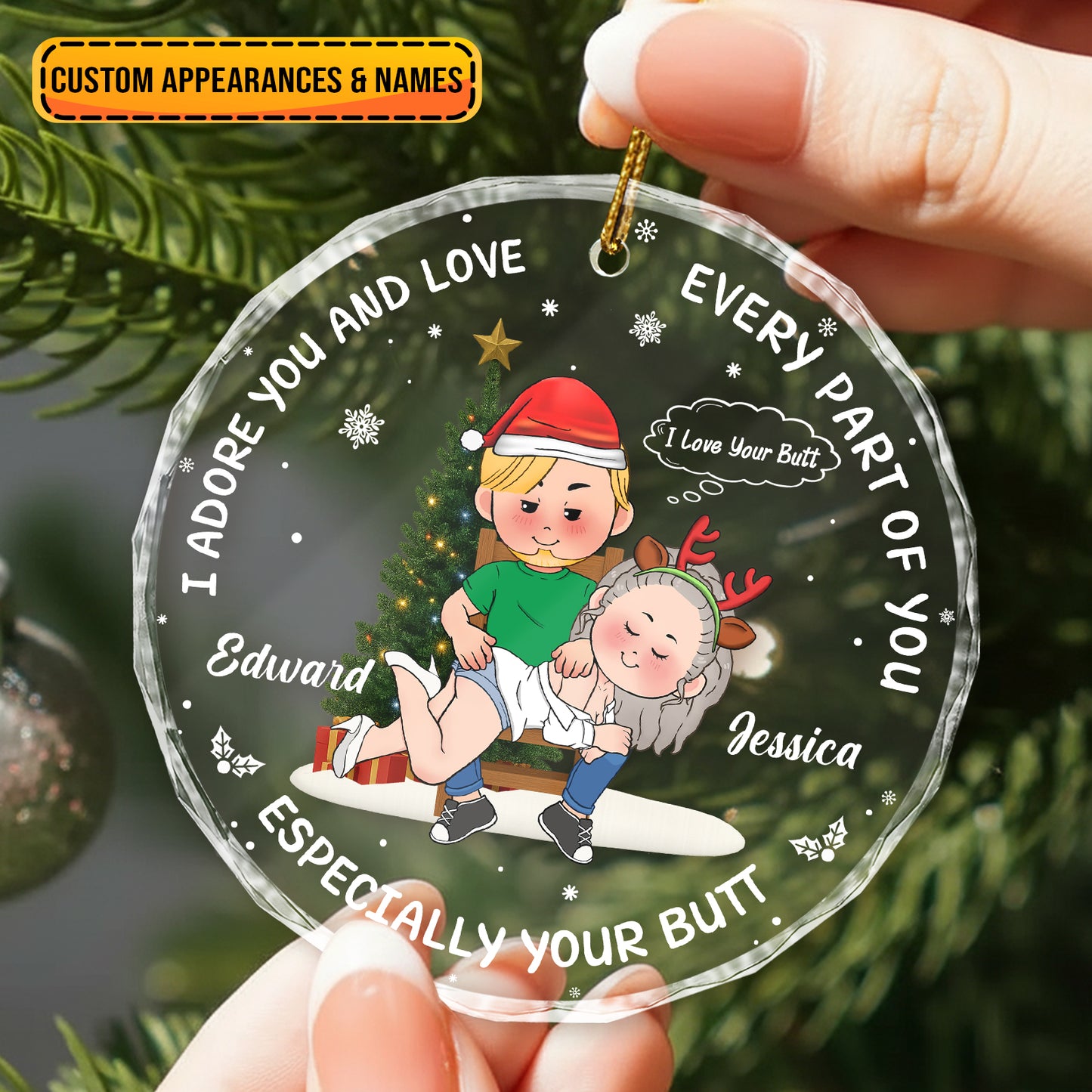 Personalized funny Christmas ornament for couples featuring playful design and custom names