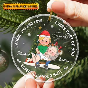 Personalized funny Christmas ornament for couples featuring playful design and custom names