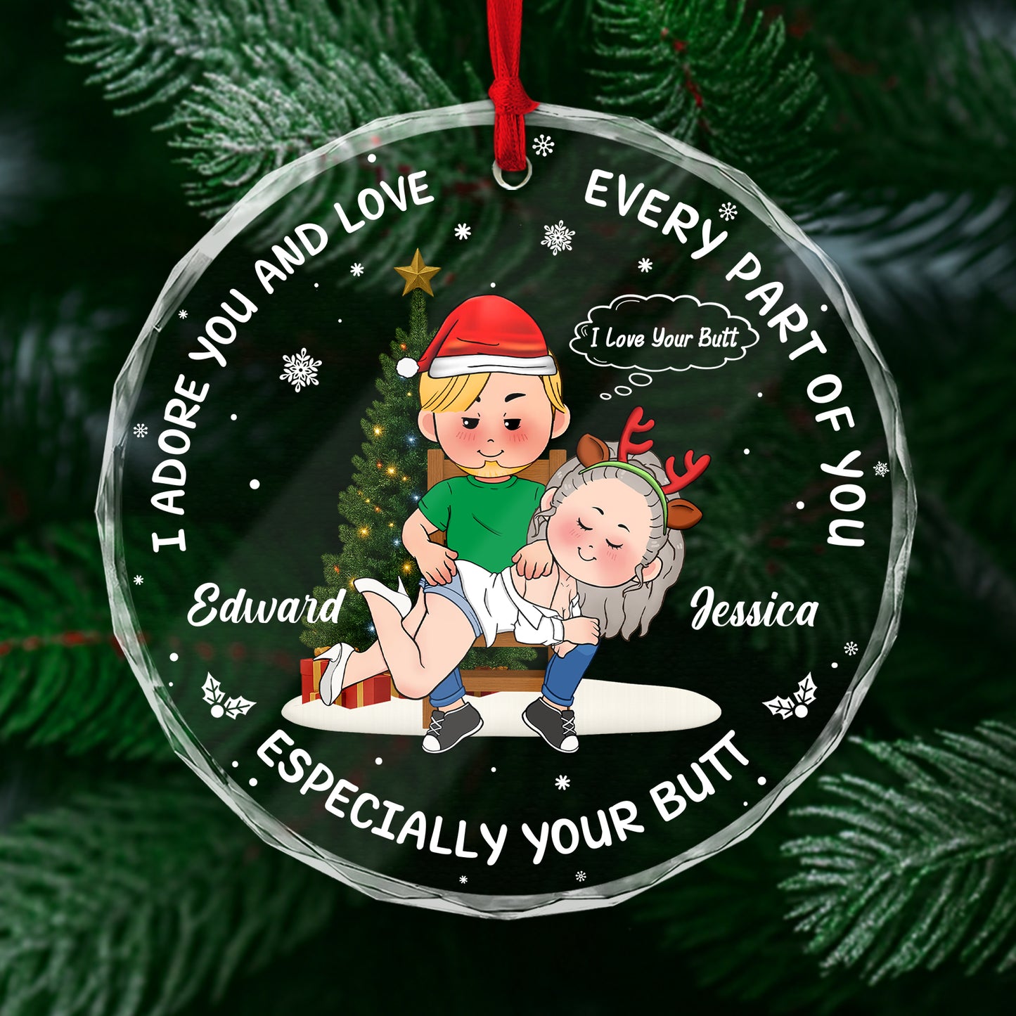 Personalized funny Christmas ornament for couples featuring playful holiday design and names Edward and Jessica