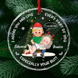 Personalized funny Christmas ornament for couples featuring playful holiday design and names Edward and Jessica