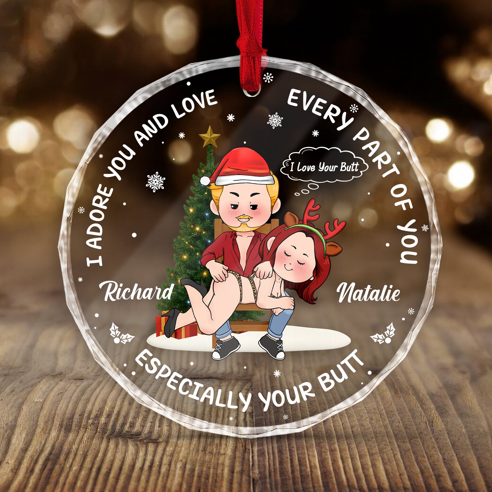 Personalized funny Christmas ornament for couples featuring a cute cartoon couple with festive designs
