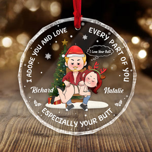 Personalized funny Christmas ornament for couples featuring a cute cartoon couple with festive designs