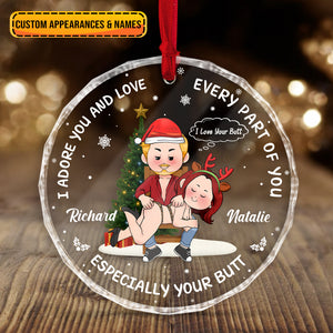 Personalized funny Christmas ornament for couples featuring cartoon couple with custom names Richard and Natalie