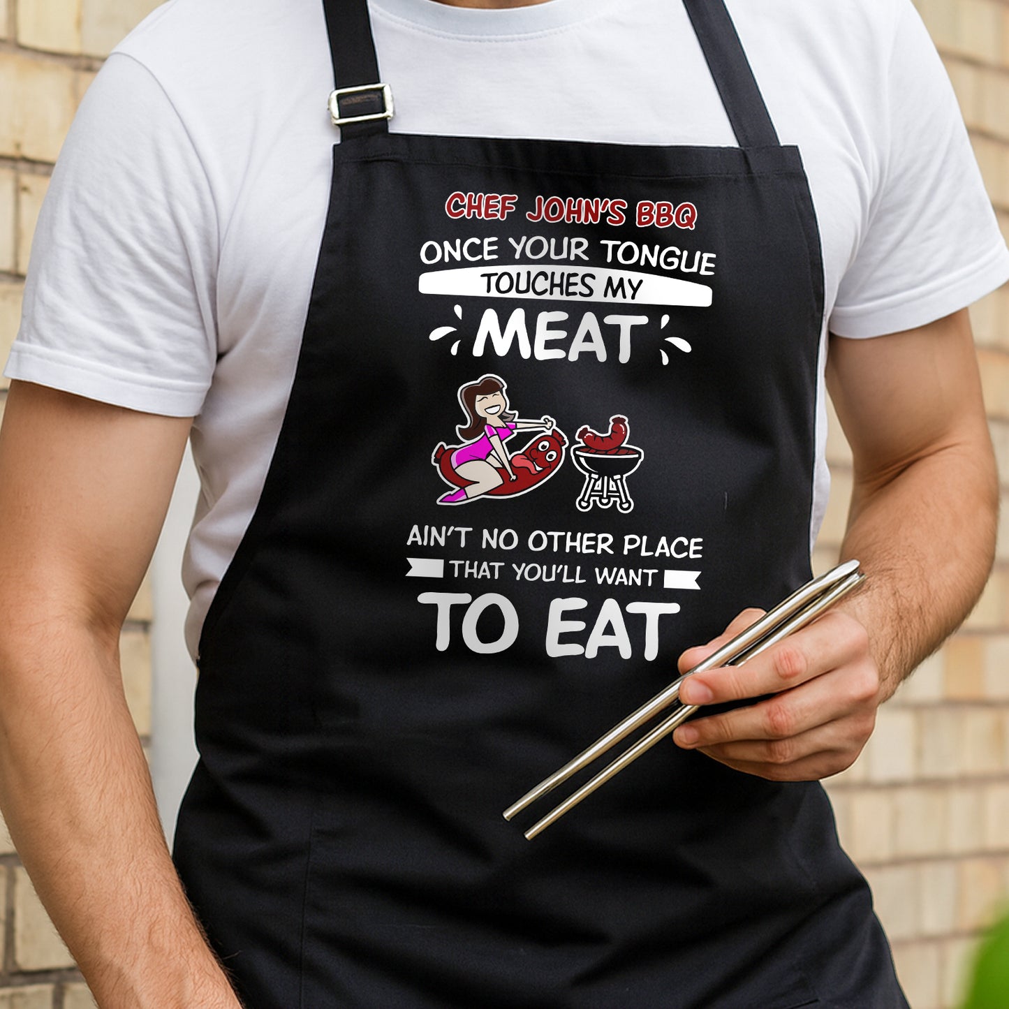 Personalized funny couple aprons with humorous BBQ graphic and text for cooking lovers