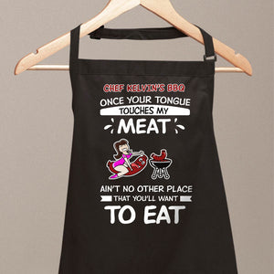 Personalized funny couple aprons with humorous BBQ design for cooking enthusiasts