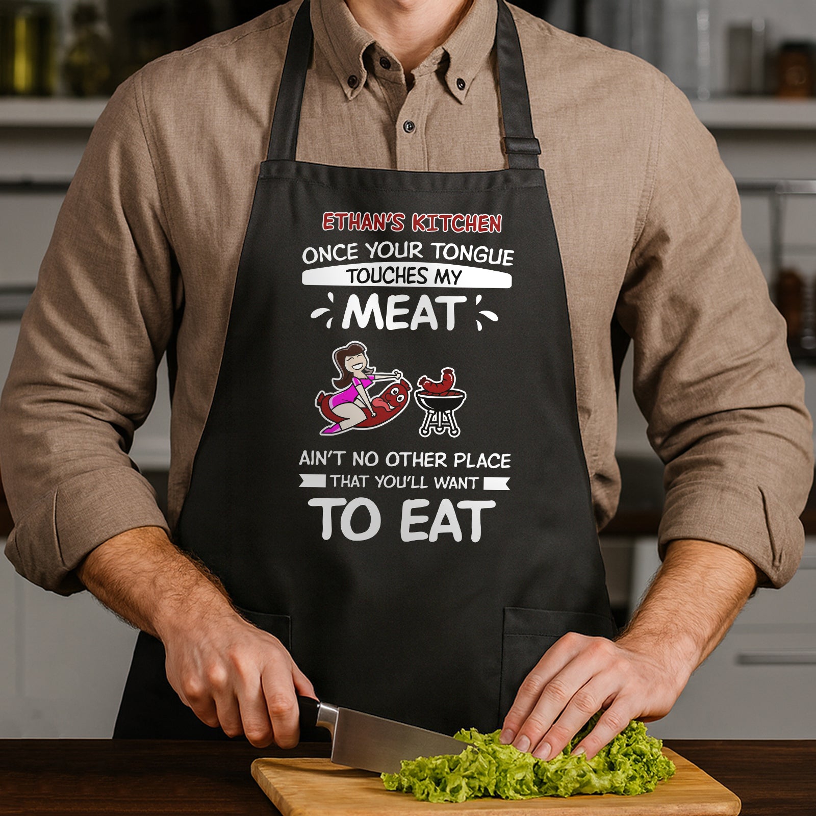 Personalized funny couple aprons featuring a humorous cooking design for couples in the kitchen