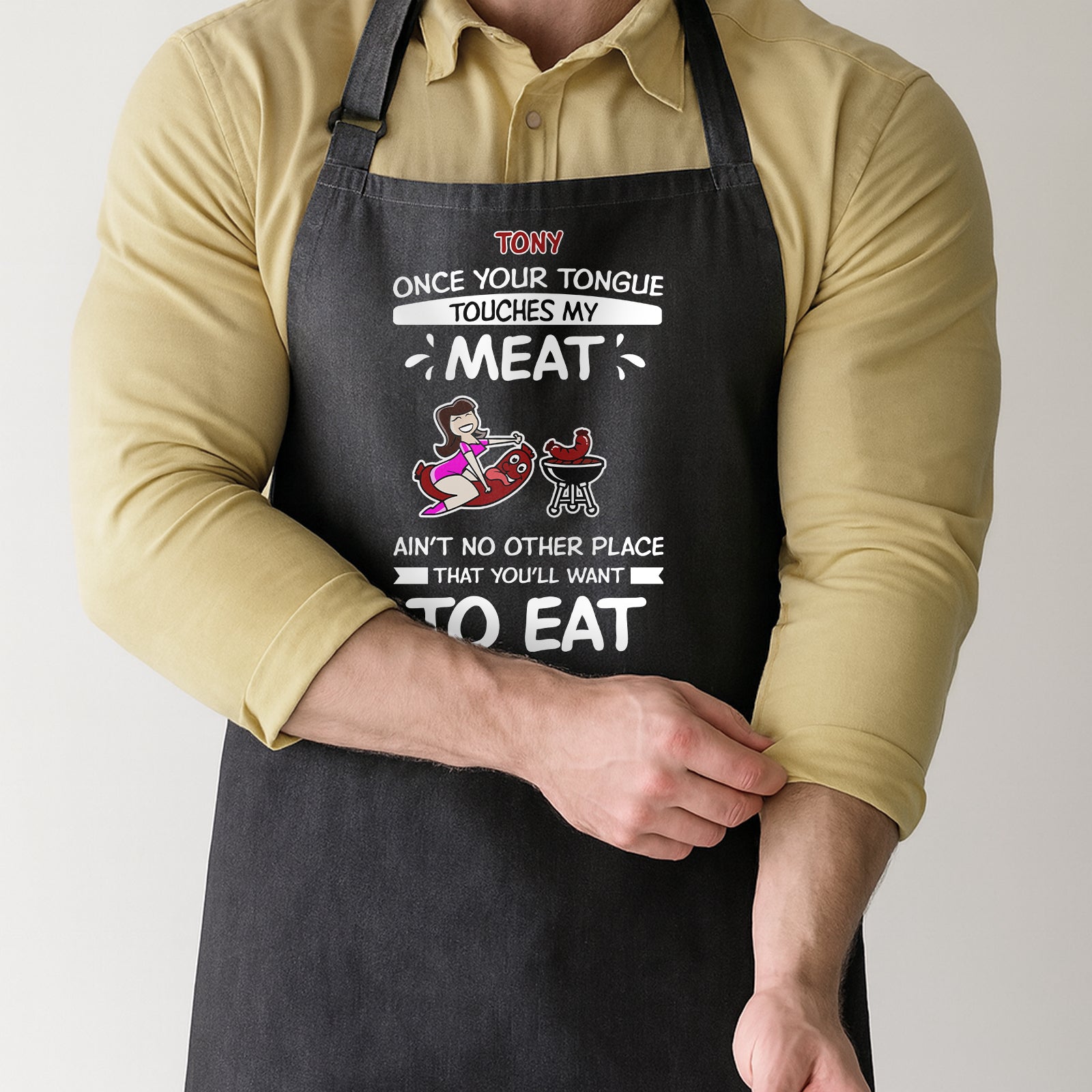Personalized funny couple aprons featuring a humorous BBQ design for cooking enthusiasts