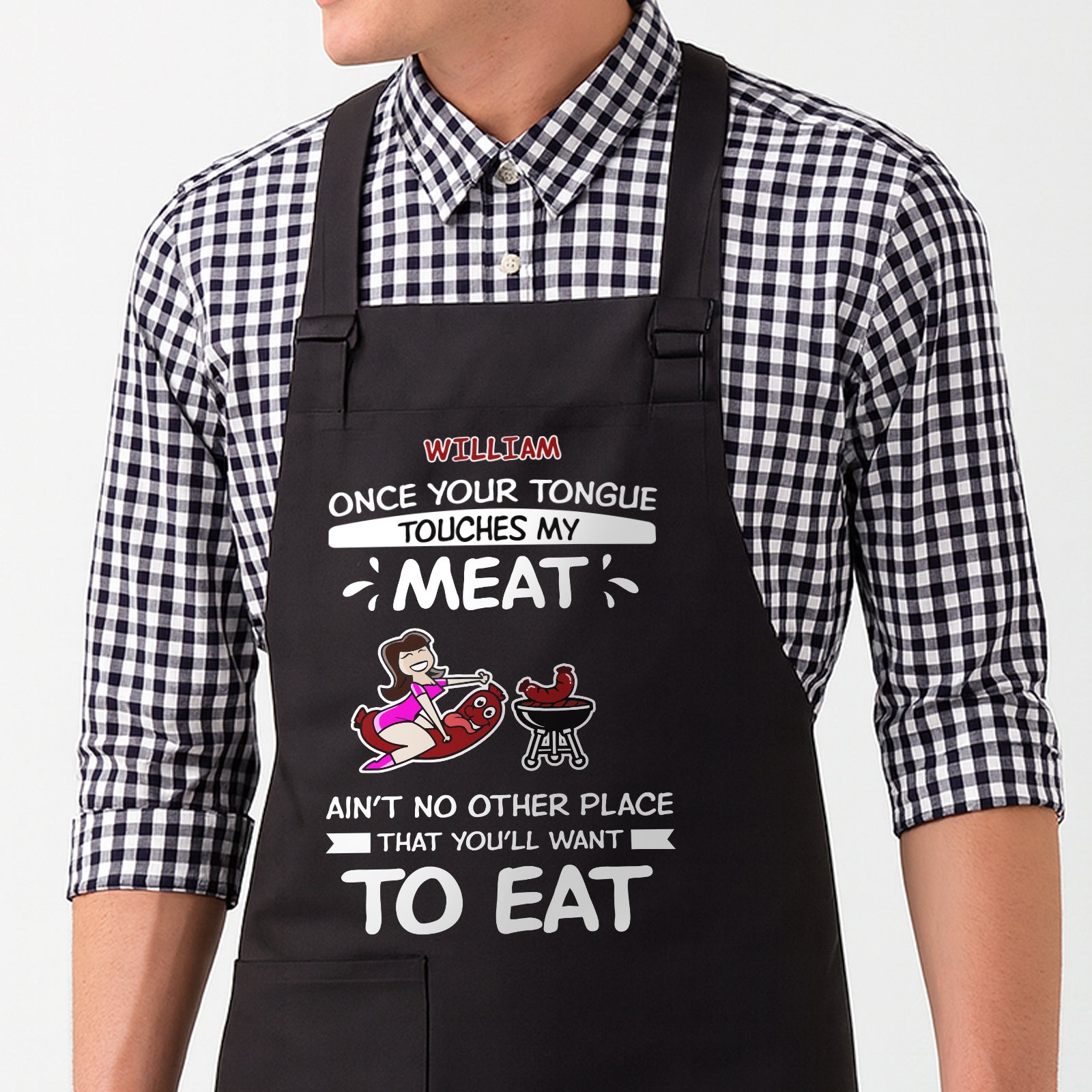 Personalized funny couple aprons featuring playful meat-themed graphics and humorous text