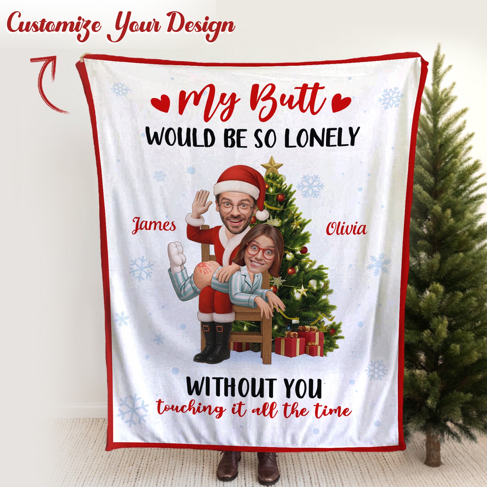 Personalized funny couple blanket featuring custom caricatures and festive design for holiday decor