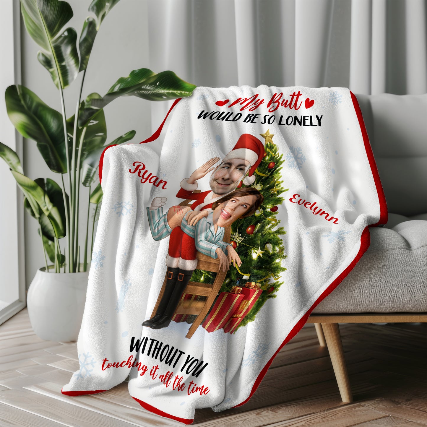 Personalized funny couple blanket featuring cartoon characters and holiday theme design