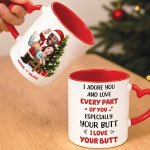 Personalized funny couple mug featuring festive design with love message and custom names for couples