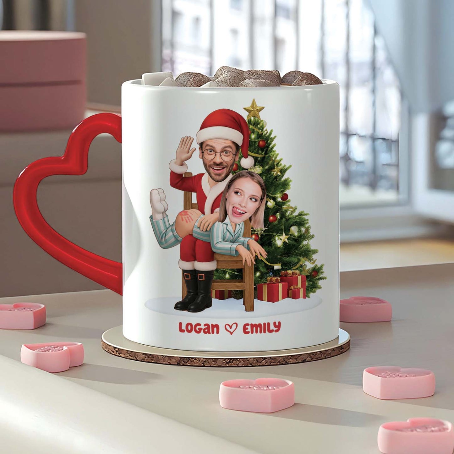 Personalized funny couple mug featuring custom caricatures with a holiday theme and heart handle