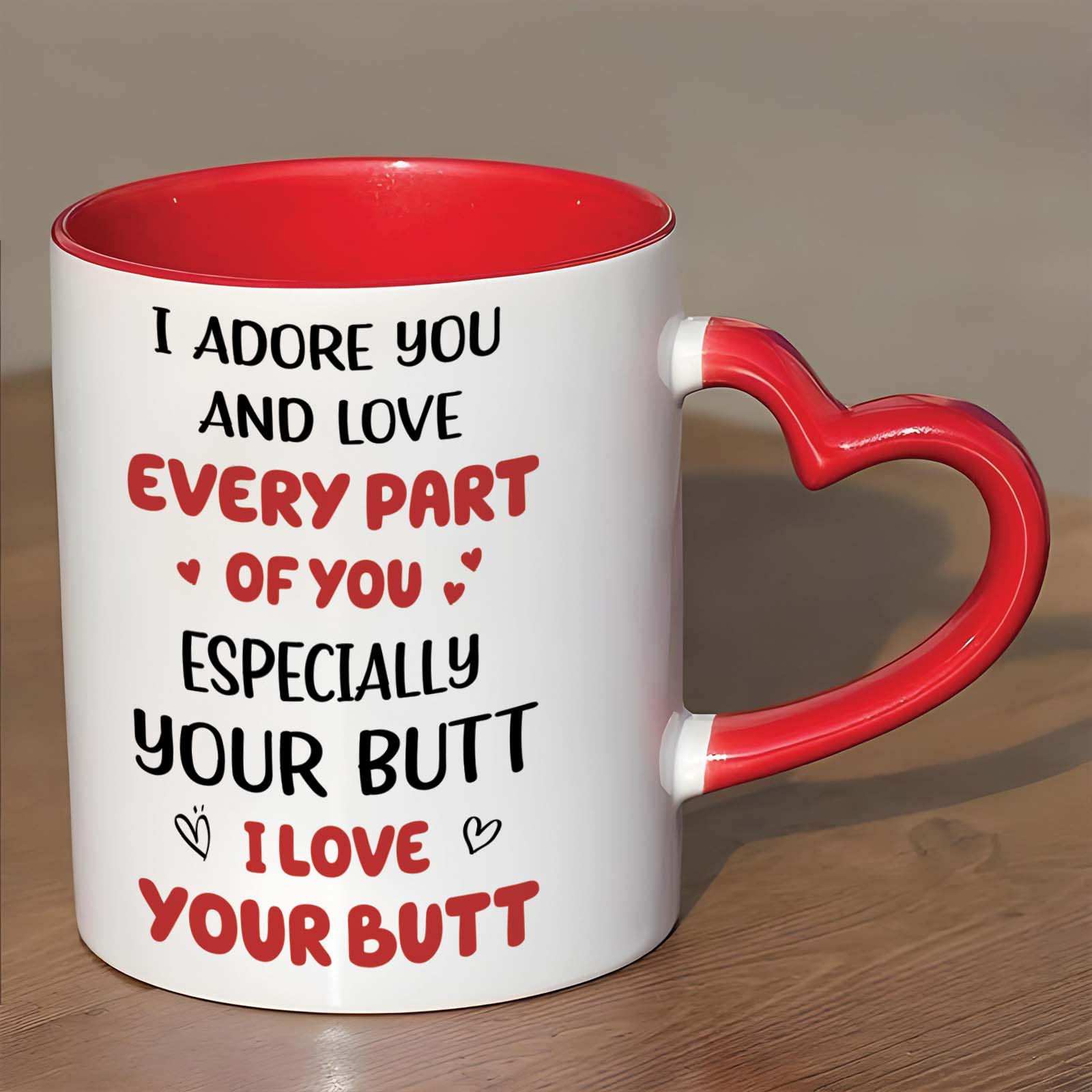 Personalized funny couple mug with heart handle and playful love message for couples