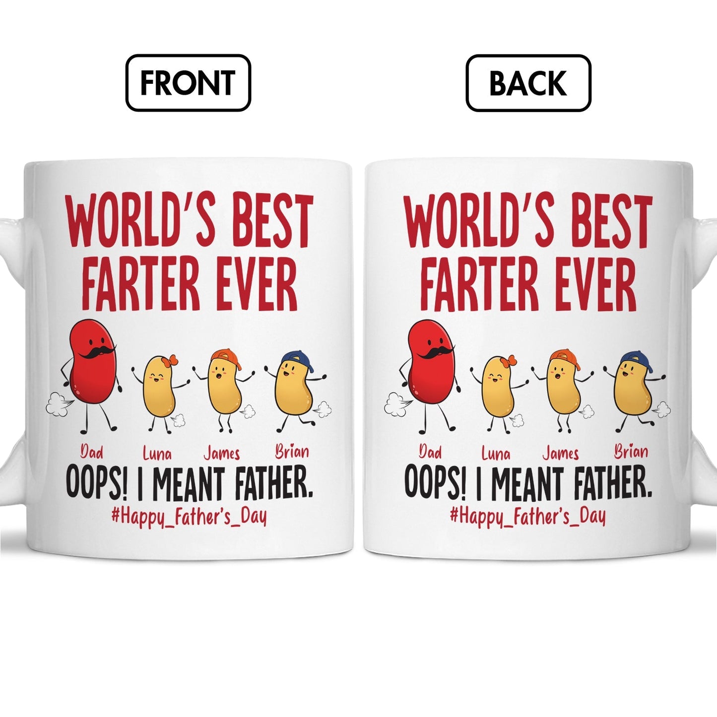 Personalized funny dad mug with humorous text celebrating Father's Day and a playful design