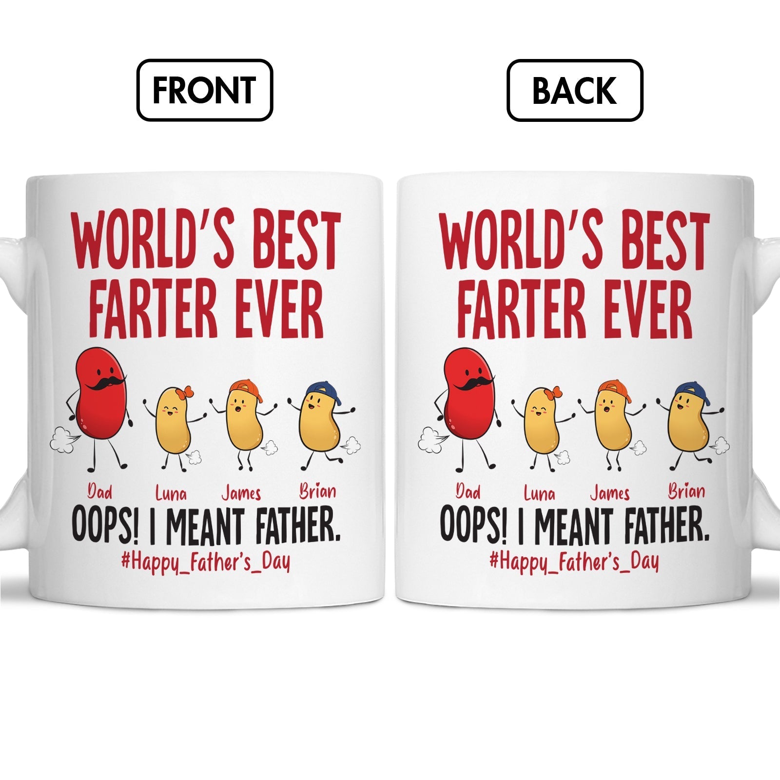 Personalized funny dad mug with humorous text celebrating Father's Day and a playful design