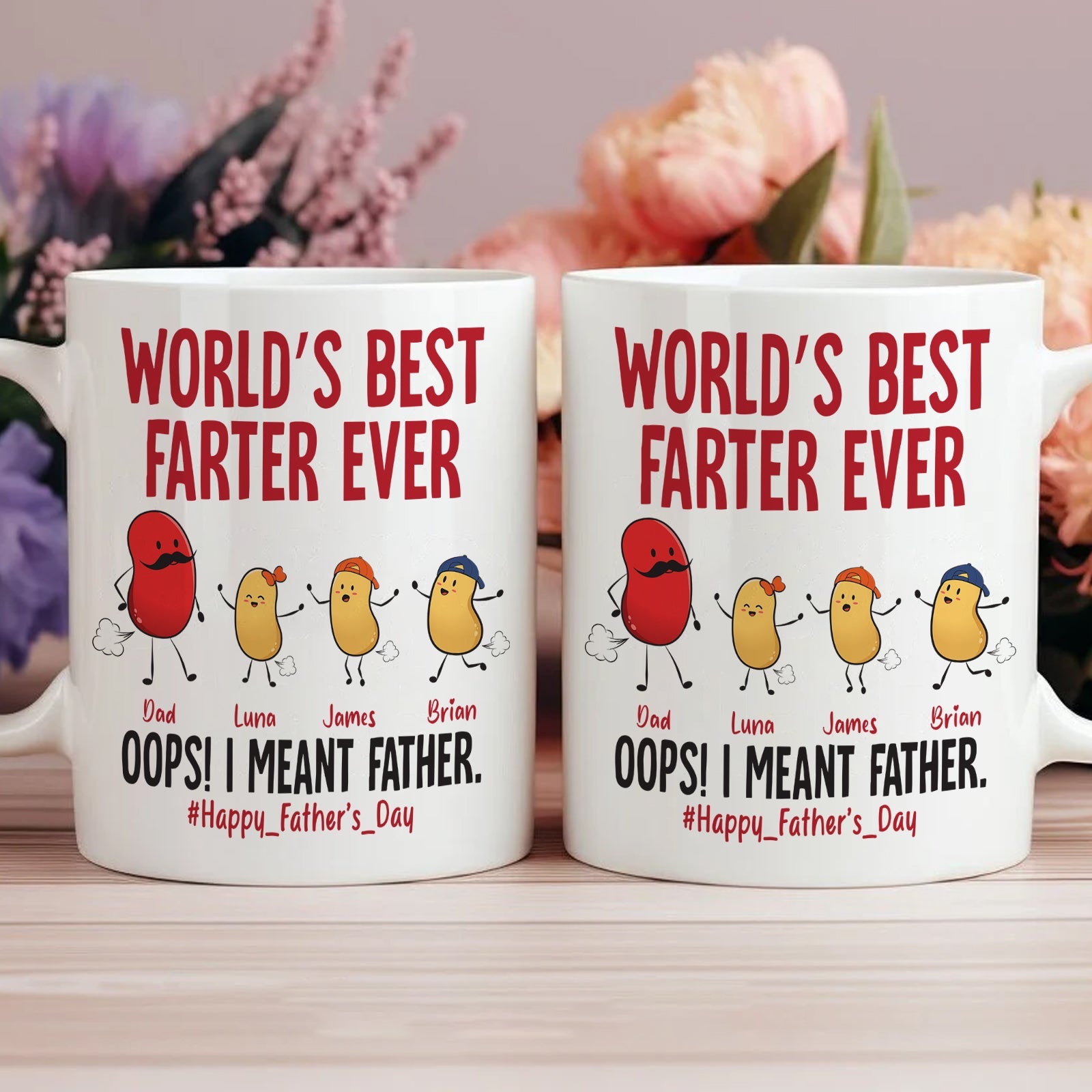 Personalized funny dad mug featuring whimsical characters and text about being the world's best farter ever