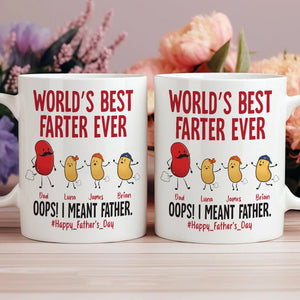 Personalized funny dad mug featuring whimsical characters and text about being the world's best farter ever