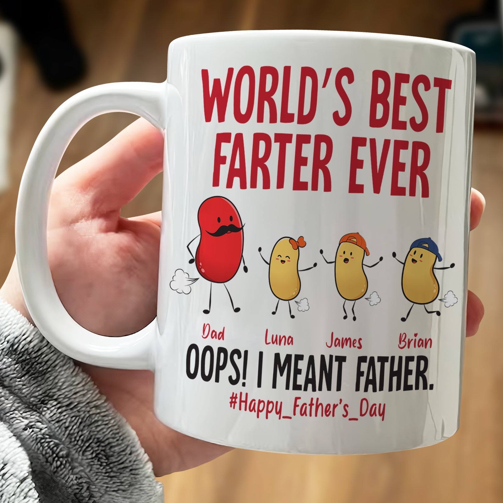 Personalized funny dad mug featuring cartoon beans with the text World's Best Farter Ever for Father's Day