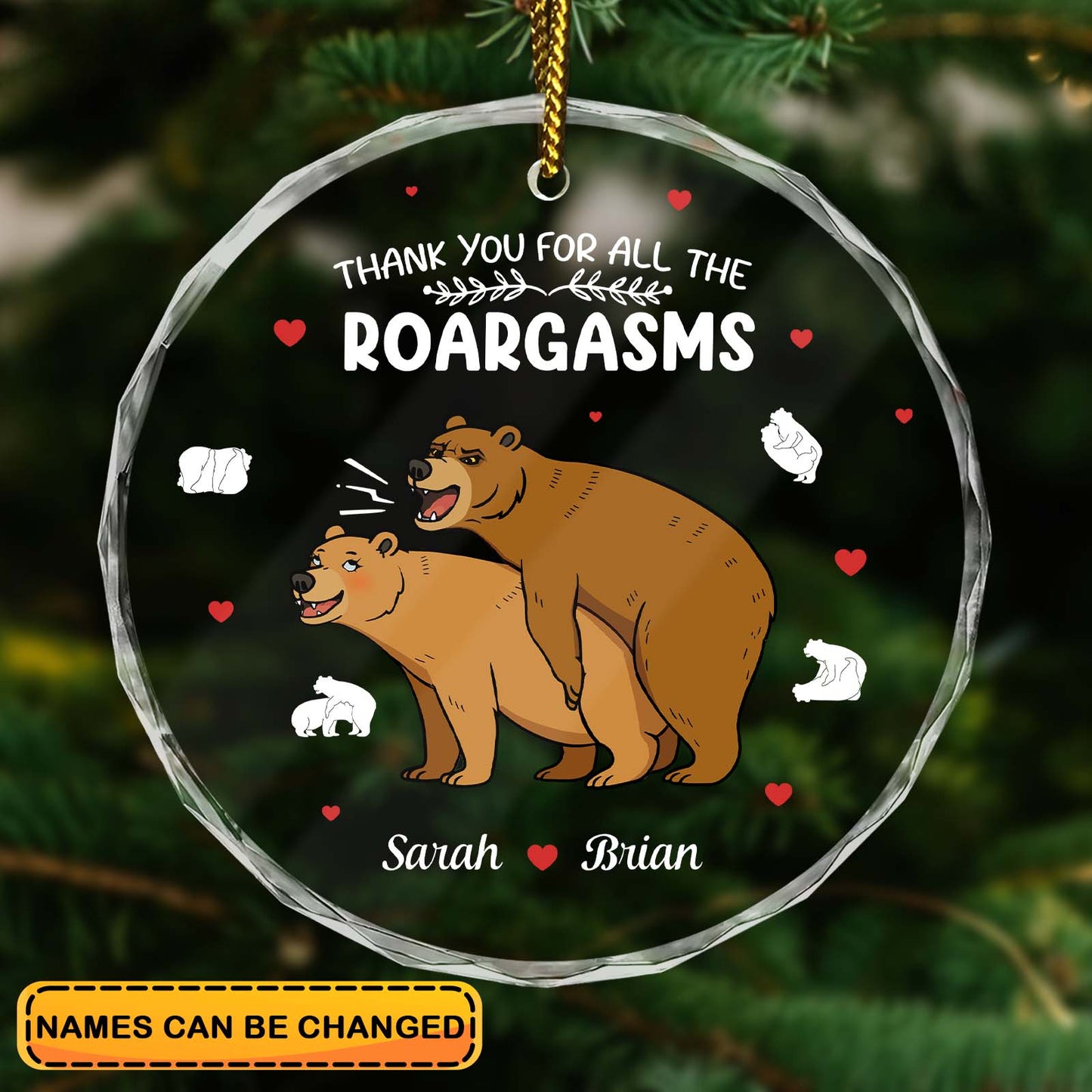 Personalized funny glass ornament featuring cartoon bears and customizable names Sarah and Brian
