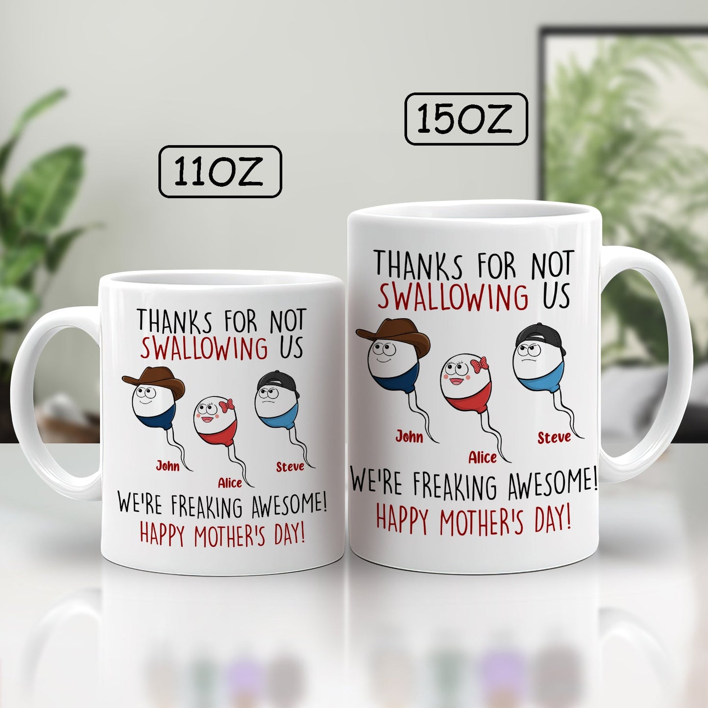 Personalized funny mom mug featuring humorous cartoon characters for Mother's Day gifts