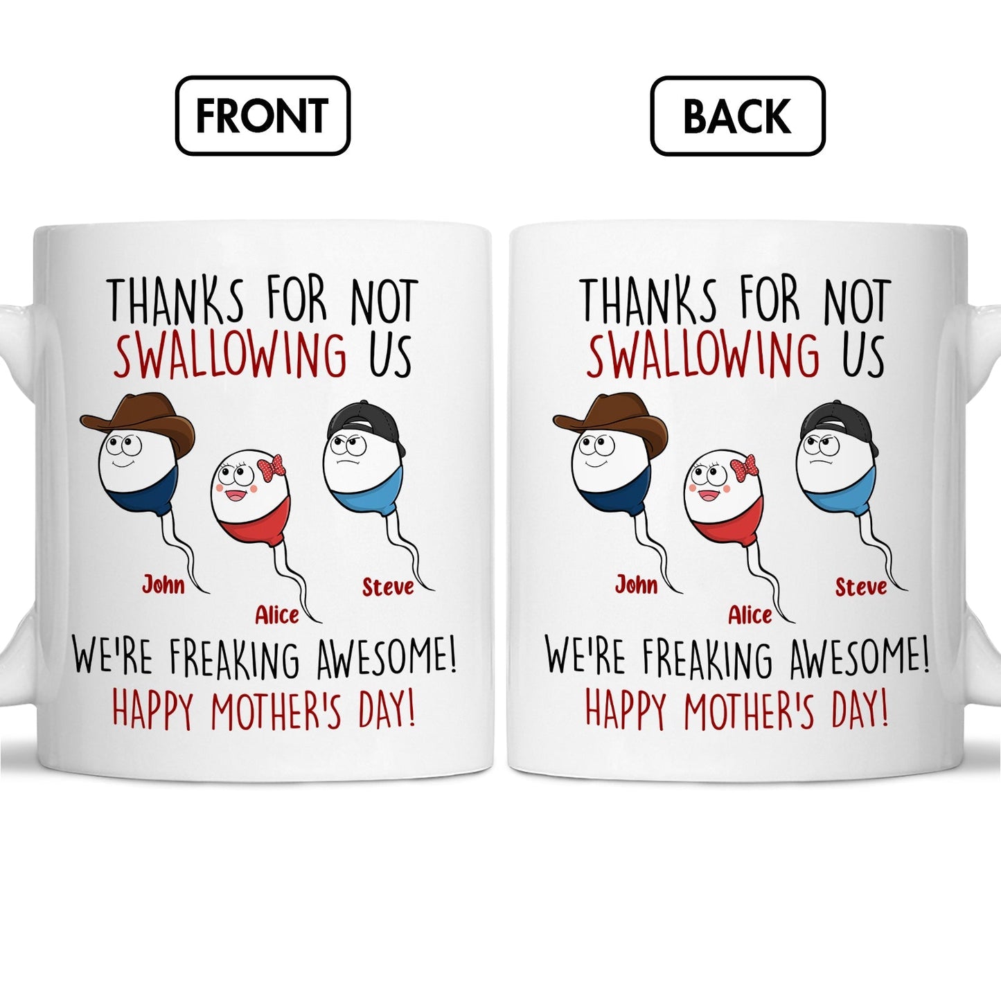 Personalized funny mom mug featuring humorous sperm characters with Mother's Day message