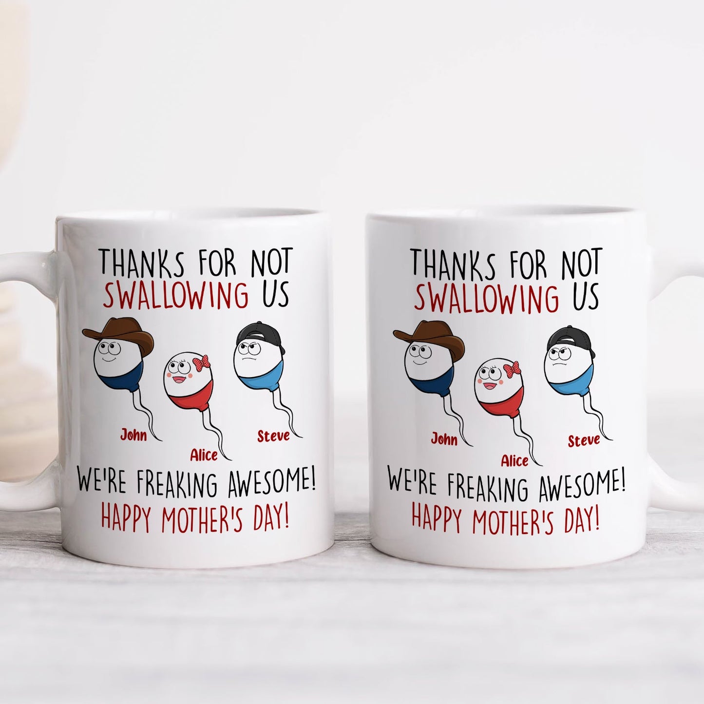 Personalized funny mom mug with humorous text and cartoon characters for Mother's Day