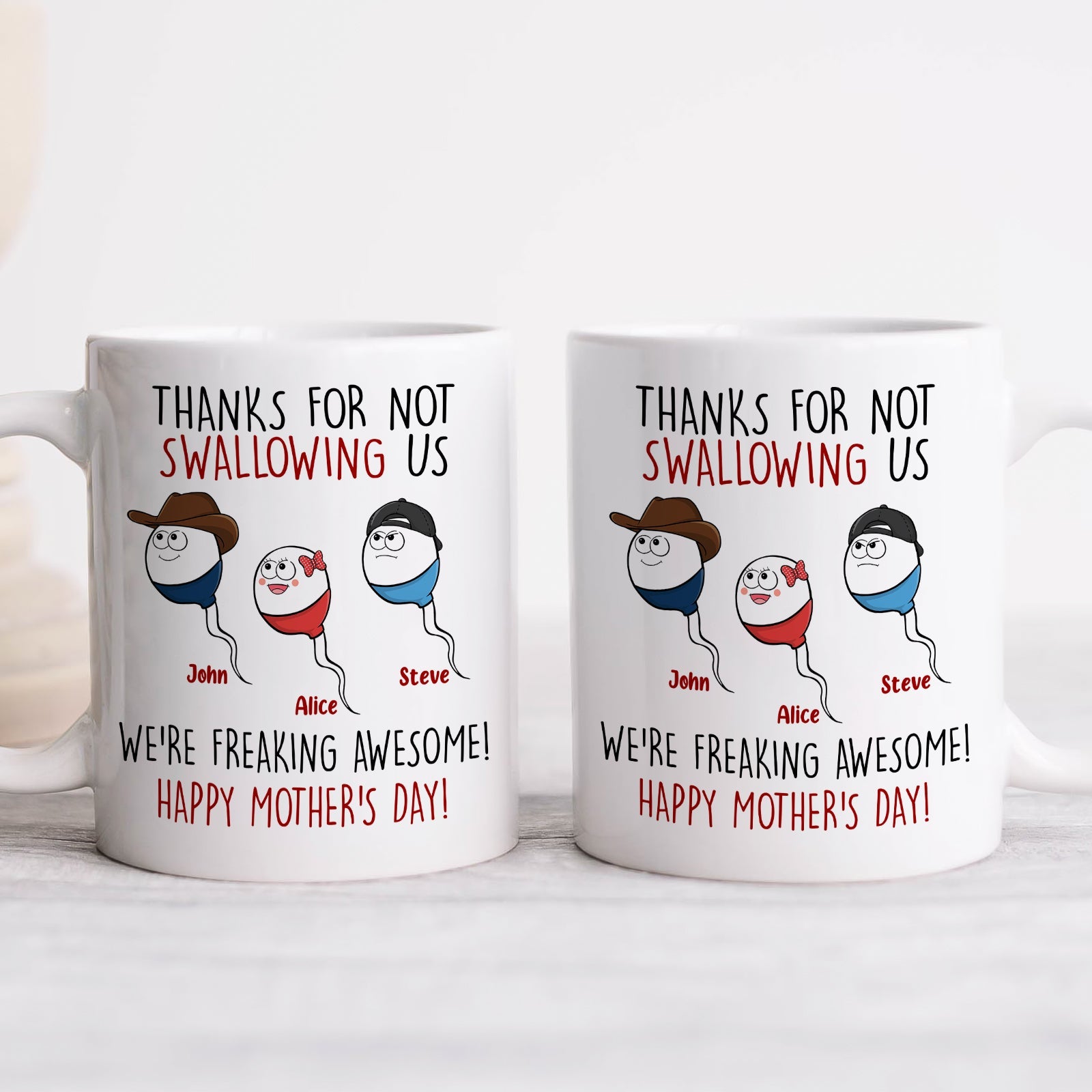 Personalized funny mom mug with humorous text and cartoon characters for Mother's Day
