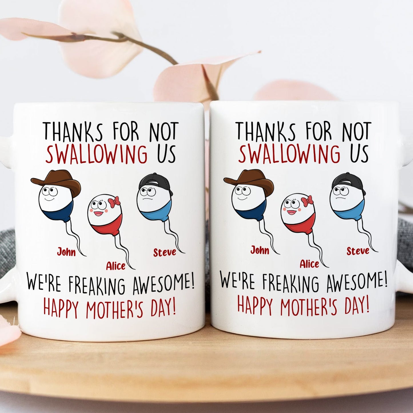 Personalized funny mom mug with humorous sperm characters and Mother's Day wishes