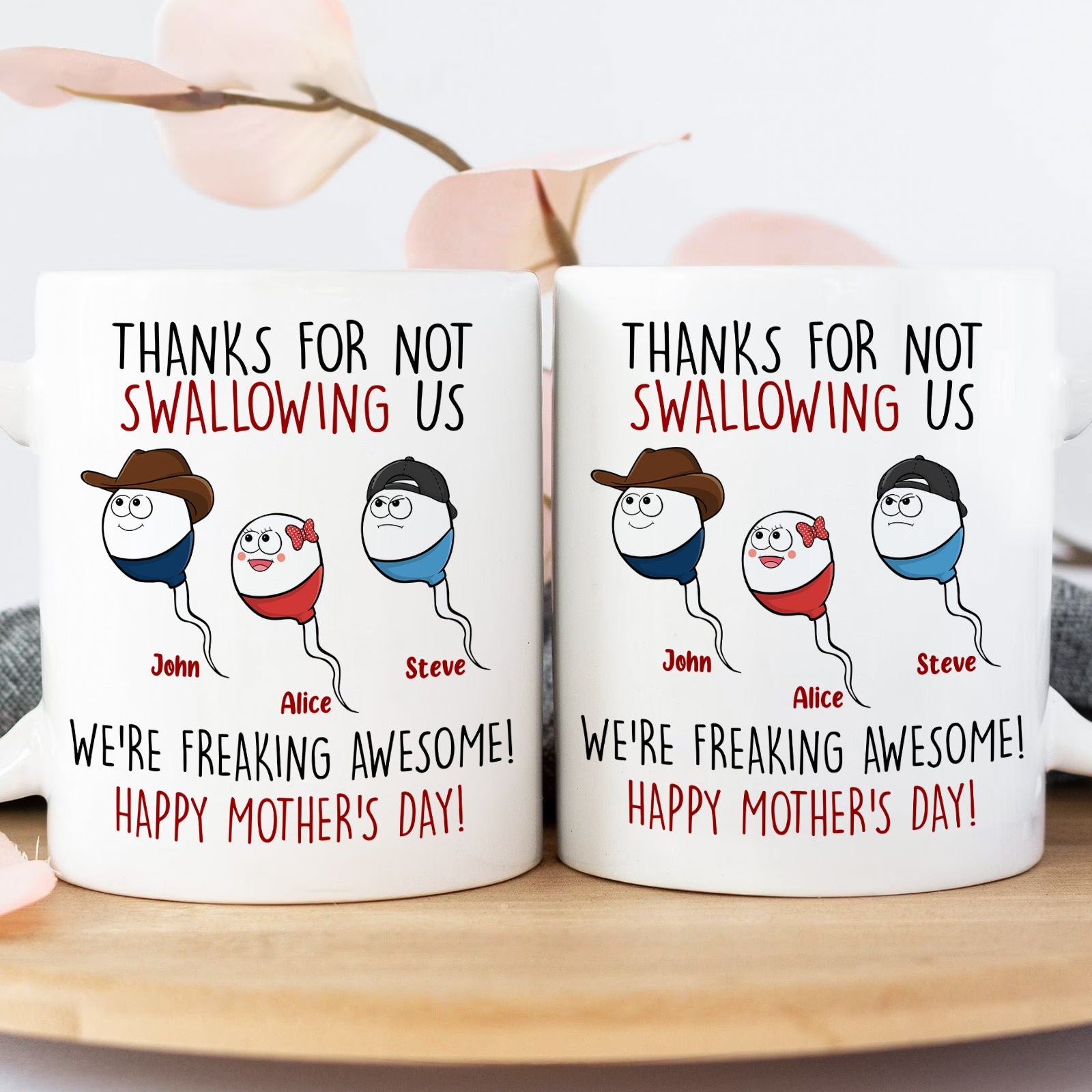 Personalized funny mom mug with humorous sperm characters and Mother's Day wishes
