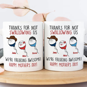 Personalized funny mom mug with humorous sperm characters and Mother's Day wishes