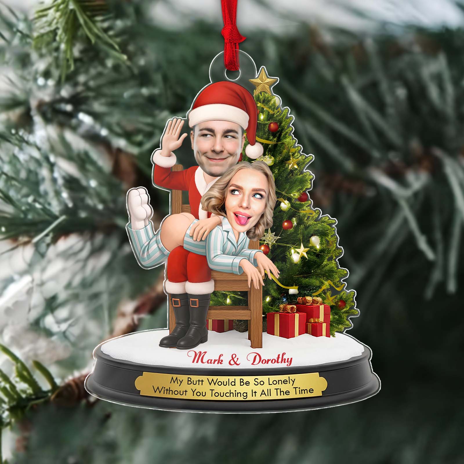 Personalized funny Santa Christmas ornament featuring a couple with a humorous message and festive decor