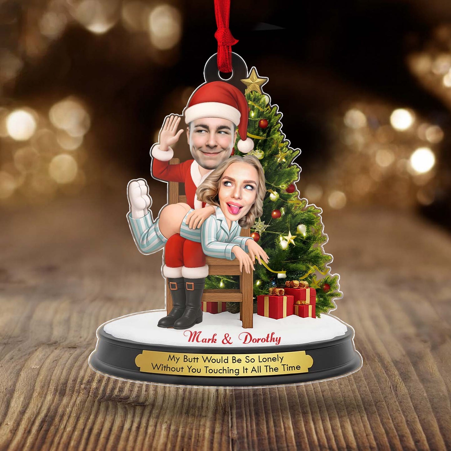Personalized funny Santa Christmas ornament featuring a playful couple design for holiday cheer