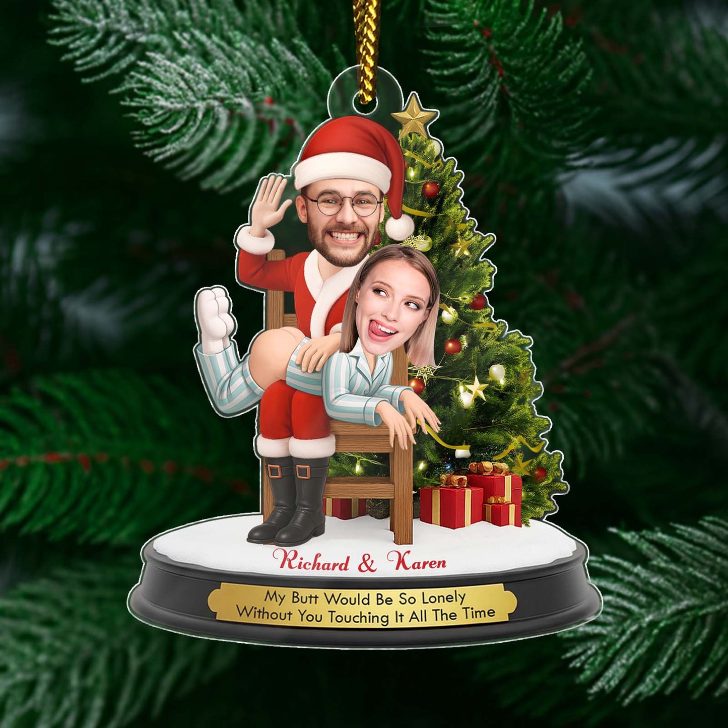 Personalized funny Santa Christmas ornament featuring playful couple with festive tree and gifts