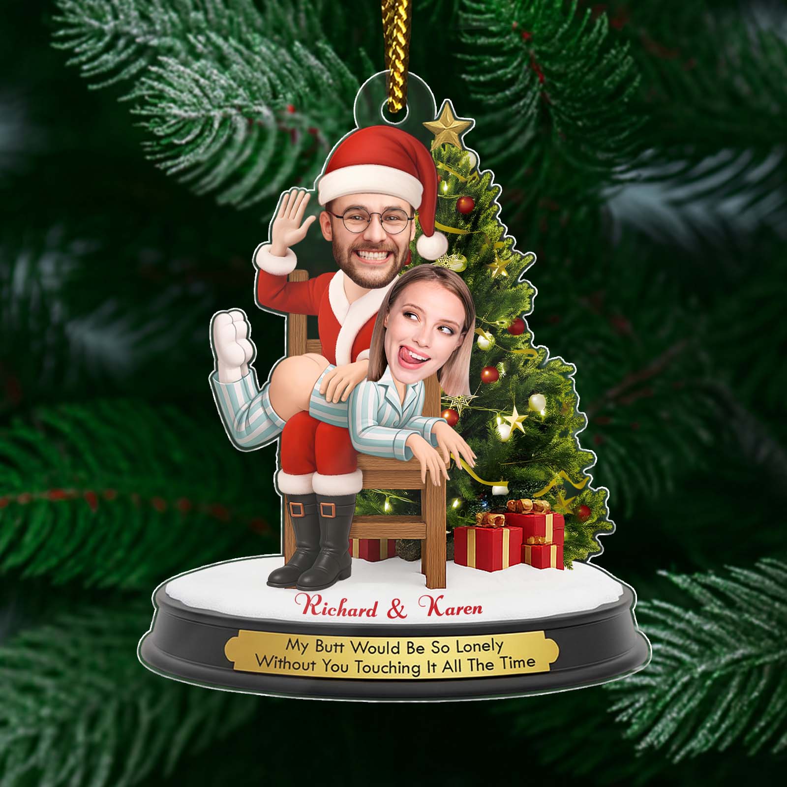 Personalized funny Santa Christmas ornament featuring playful couple with festive tree and gifts