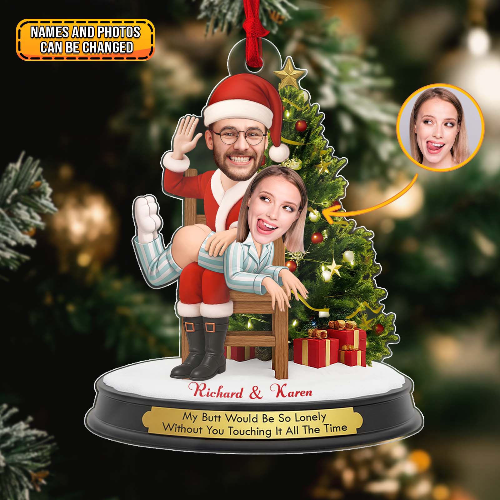 Personalized funny Santa Christmas ornament featuring a playful design with custom names for holiday cheer