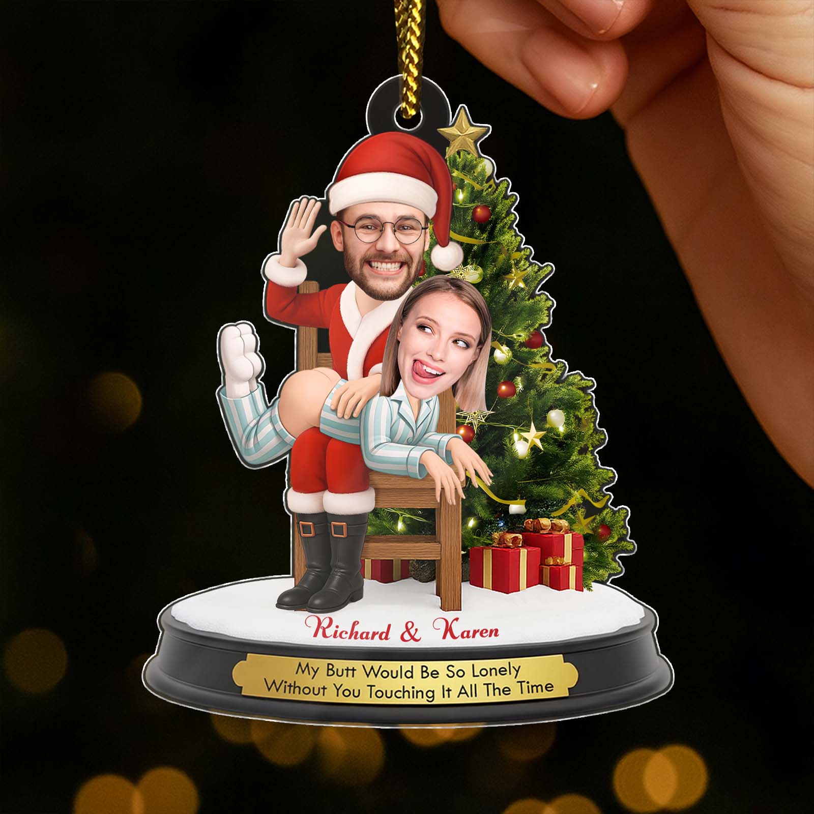 Personalized funny Santa Christmas ornament featuring a whimsical design with humor and customizable names