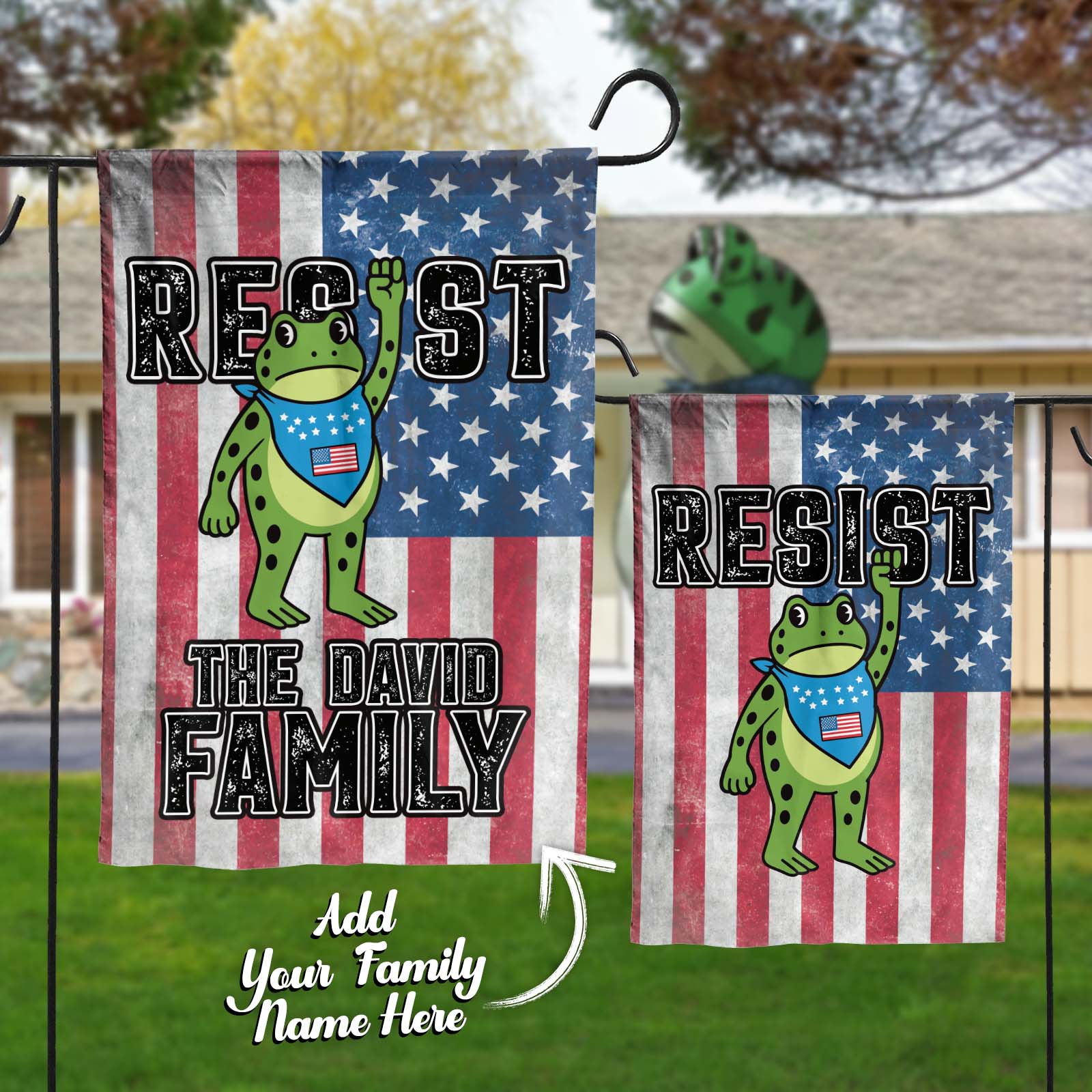 Personalized garden flag featuring a frog design and customizable text for the David family